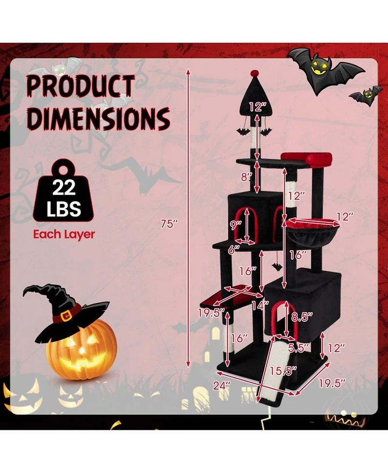 Hongge 75 Inch Gothic Cat Tree 6-Tier Cat Tower with 2 Condos and Top Perch for Large Cats