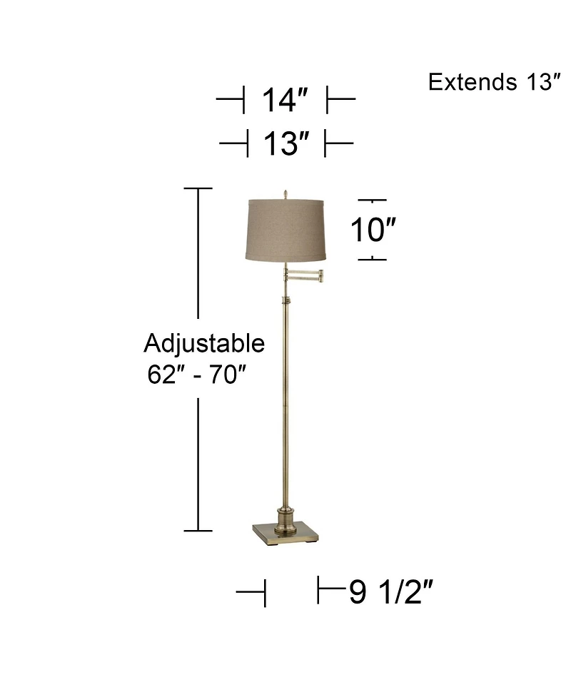 360 Lighting Swing Arm Floor Lamp 70" Tall Antique Brass Linen Drum Shade for Living Room Reading Bedroom Office