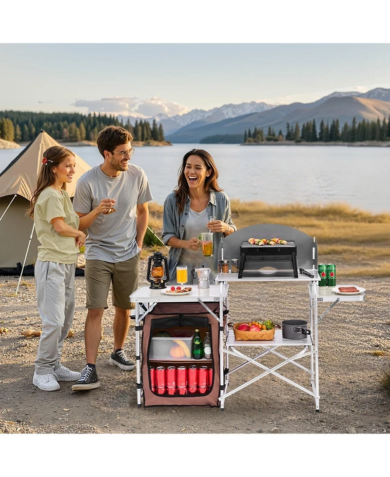 Sevorley Portable 2-Tier Outdoor Camp Kitchen Table with Windshield and Carry Bag