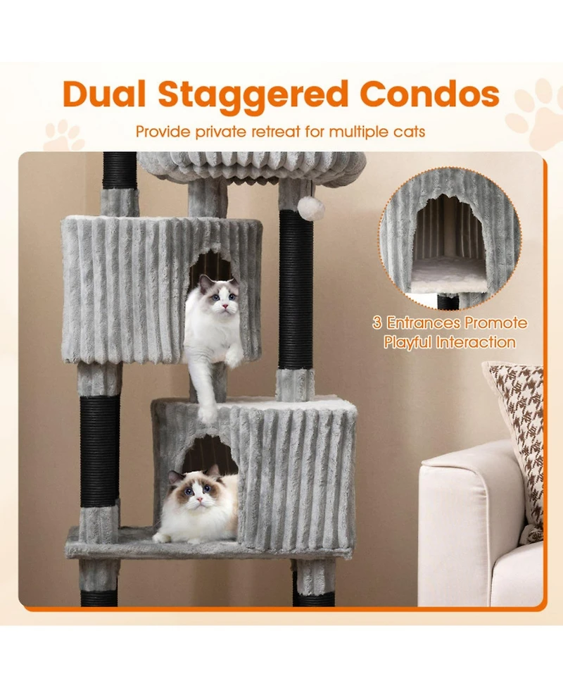 Hongge 62 Inch Cat Tower with Dual Condos Washable Perch Beds and Soft Flannel Covering