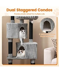 Hongge 62 Inch Cat Tower with Dual Condos Washable Perch Beds and Soft Flannel Covering