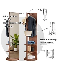 Busdays 66 x 17.8 Inch 360 Rotating Full Length Mirror with Hook Storage Rack Coat Rack Solid Wood Floor Mirror for Bedroom, Cloakroom Space