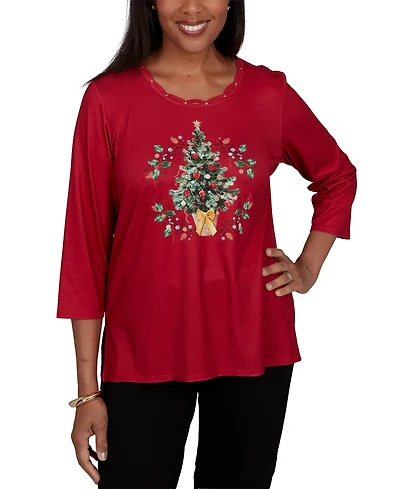 Alfred Dunner Petite Classic Christmas Tree Braided Neck Top