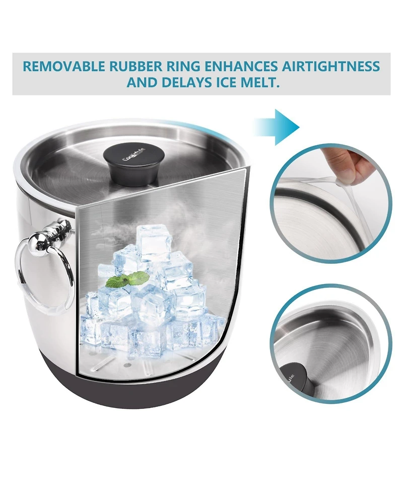 Piscifun Double Wall Insulated Stainless Steel Ice Bucket with Lid Tong and Strainer Keeps Ice Frozen Longer for Parties