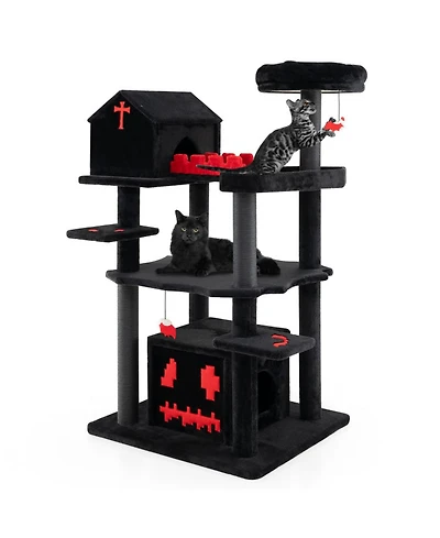 Hongge 49 Inch Gothic Cat Tree 6-Tier Cat Tower with Coffin Bed and Church Condo for Large Cats