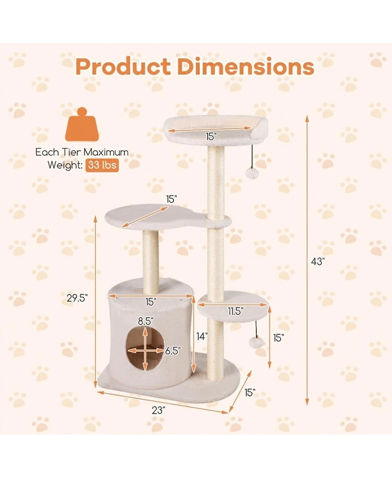 Hongge 43 Inch Cat Tree with Cozy Top Perch Condo and Sisal Scratching Posts