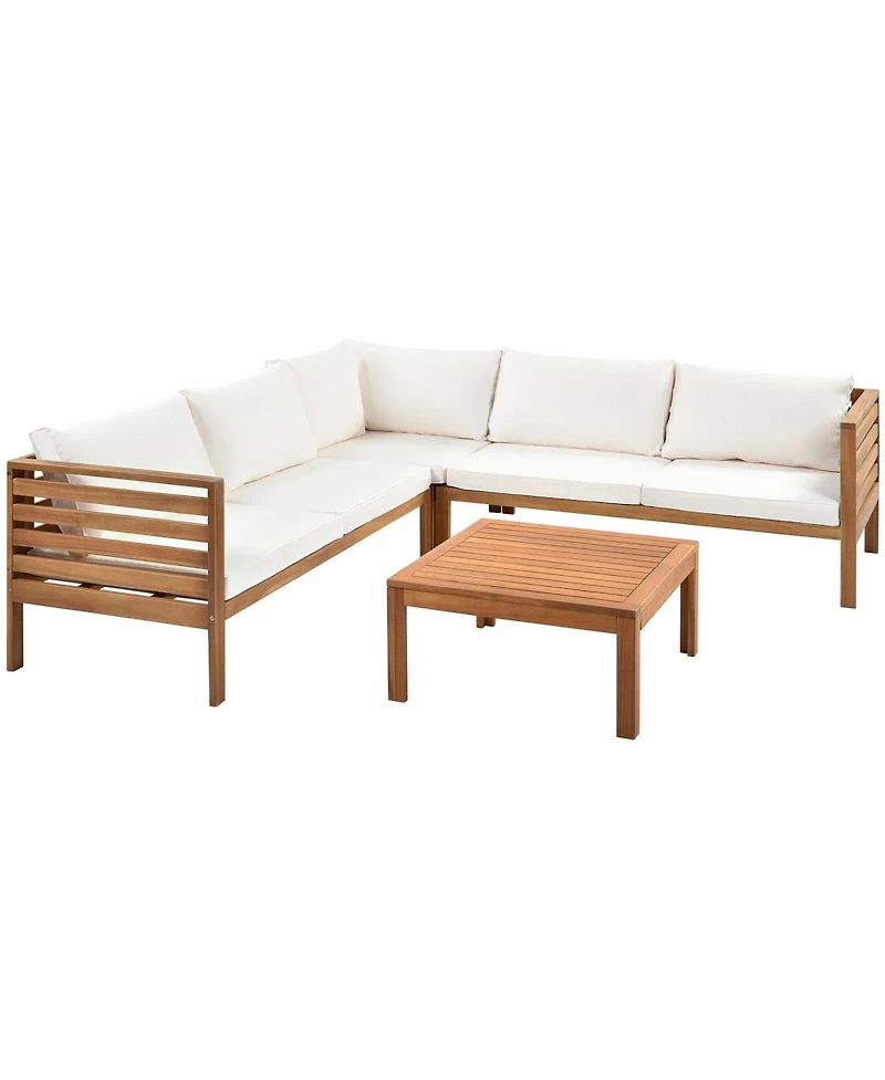 Asagikoiai 6-Piece Wood Outdoor Sectional Sofa Set, L-Shape Patio Conversation Set with Coffee Table