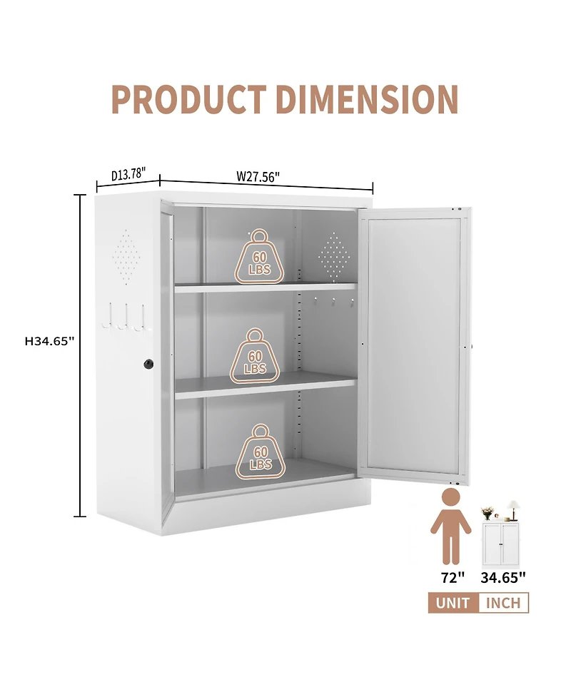 Boyel Living Storage Cabinet Steel Adjustable Shelves Anti Tip Ventilated Hooks
