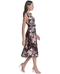 Calvin Klein Women's Printed Crew Neck Self-Belt Midi Dress