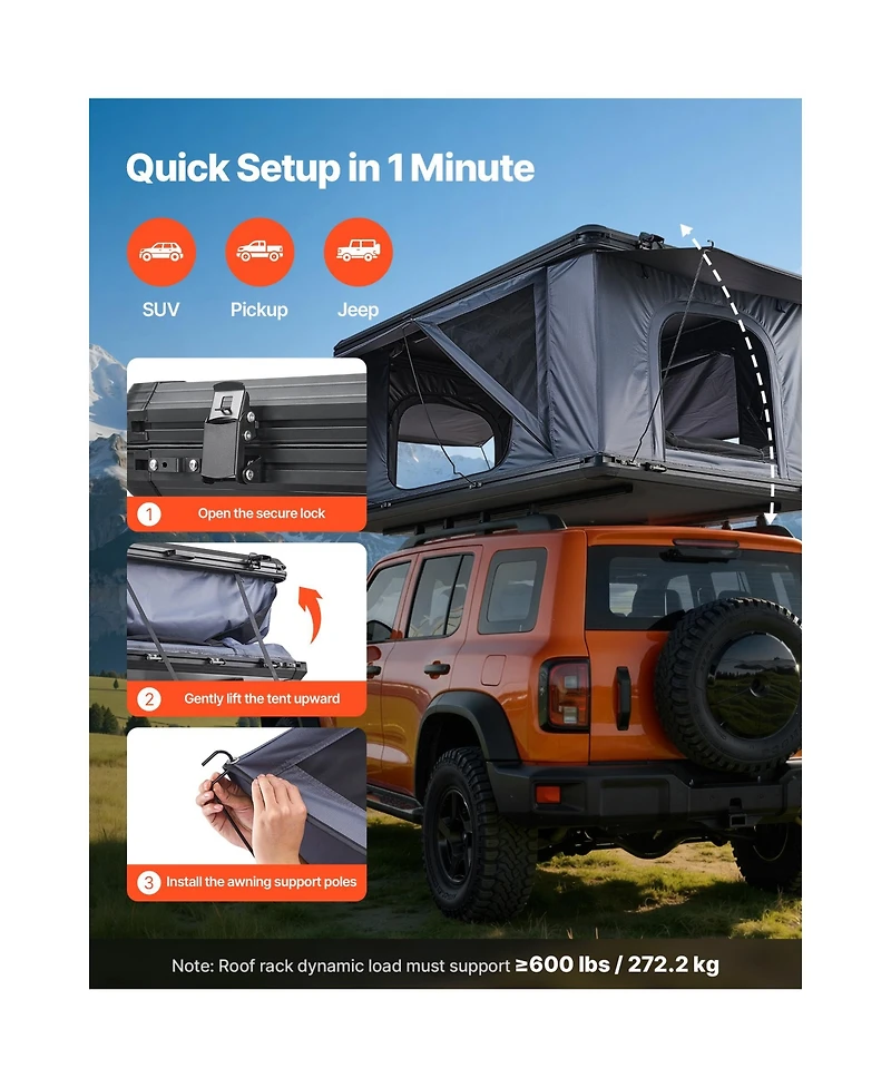 Sevorley Aluminum Hard Shell Rooftop Tent for 2-3 Person with Led Light, 2 Windows and Mattress