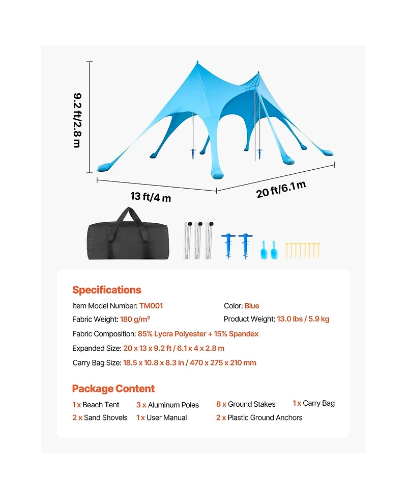 Sevorley Pop Up Beach Tent Sun Shelter, Upf 50 Plus, 20 x 13 feet Canopy