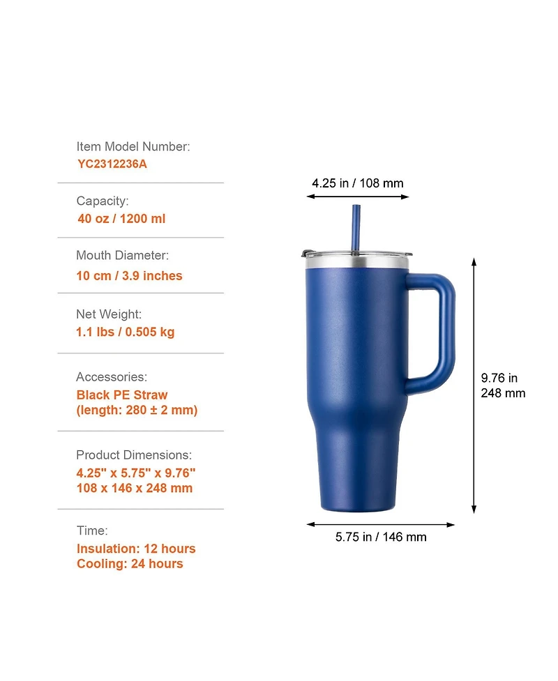 Sevorley 40 oz Insulated Water Bottle, Stainless Steel Travel Coffee Mug with Handle Lid, Leakproof Flask