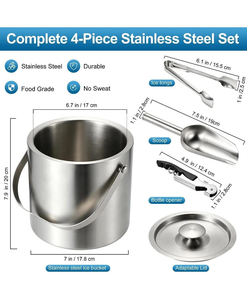 Piscifun Double Wall Stainless Steel Ice Bucket Set With Lid Scoop Tongs Bottle Opener