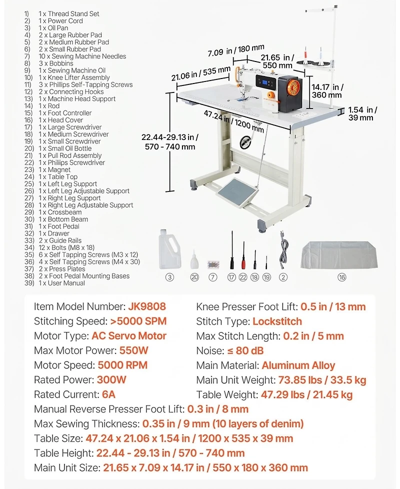 Sevorley Industrial Lockstitch Sewing Machine, 550W Servo Motor with Table Stand