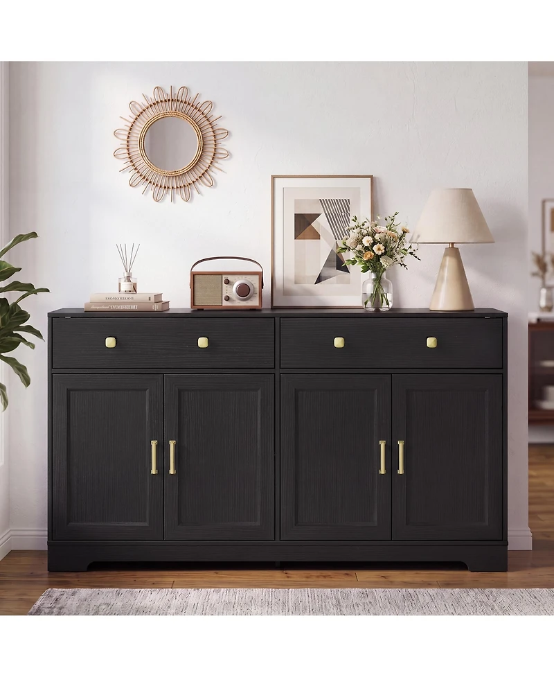 Gaomon 63 Inch Farmhouse Sideboard Buffet Cabinet Wood Storage Credenza with 2 Drawers and Adjustable Shelves Anti-Tip Coffee Bar for Kitchen Entryway