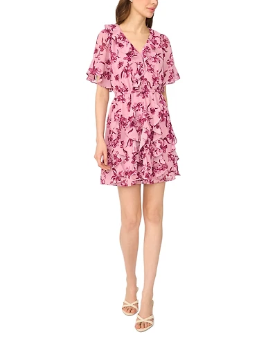 CeCe Women's Waterfall Ruffle Short-Sleeve Mini Floral V-Neck Dress