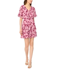 CeCe Women's Waterfall Ruffle Short-Sleeve Mini Floral V-Neck Dress