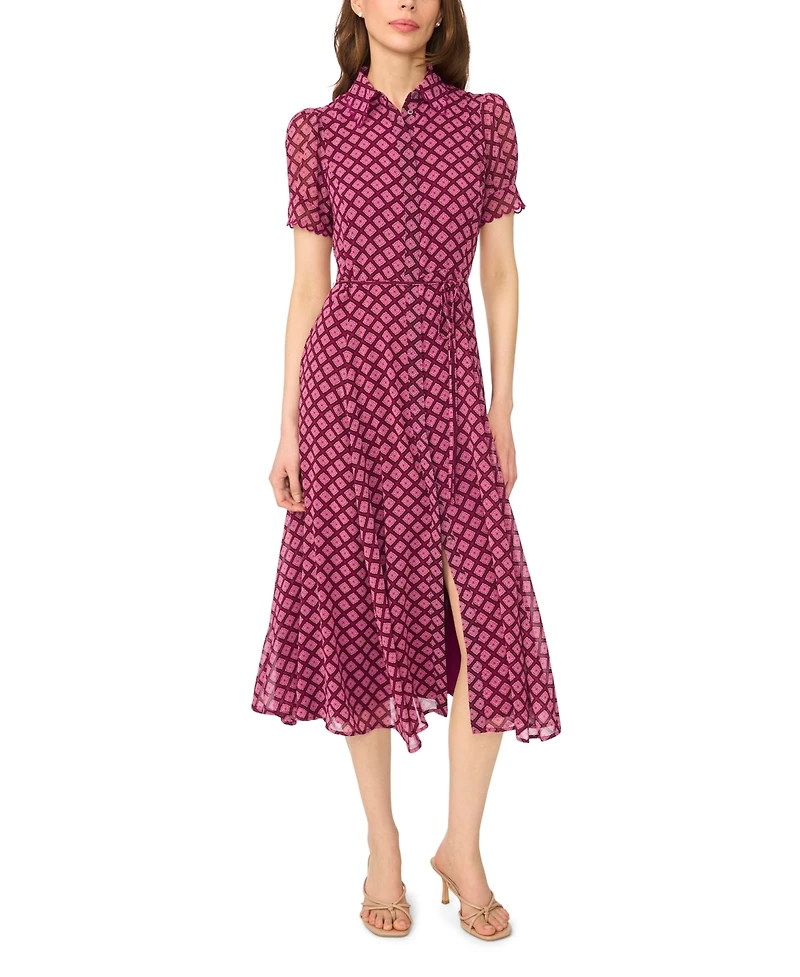 CeCe Women's Scalloped Geometric-Print Short-Sleeve Midi Dress