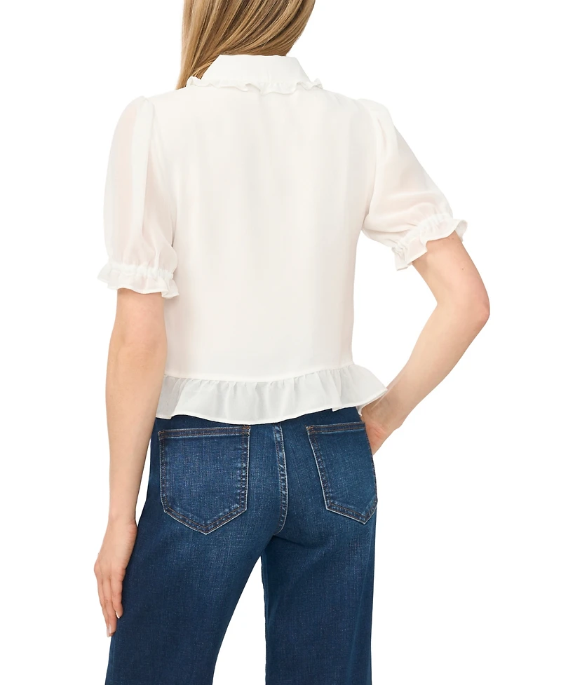 CeCe Women's Ruffle-Collar Cropped Button-Front Short-Sleeve Top