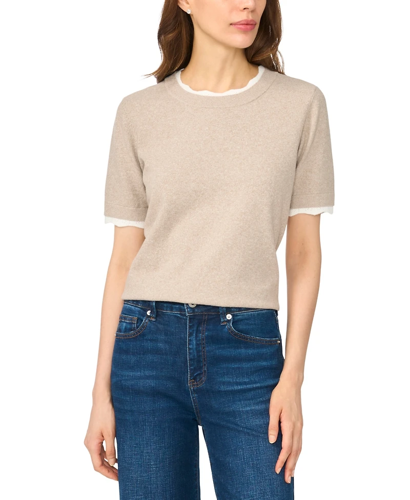 CeCe Women's Lace-Trim Crewneck Short-Sleeve Sweater