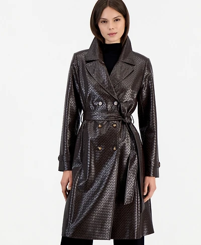 Tahari Asl Women's Faux Leather Lined Belted Trench