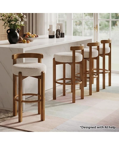 Maison Boucle Modern Bar Height Upholstered Bar Stools, Solid Wood Low Back Design, Fabric Padded Round Seat