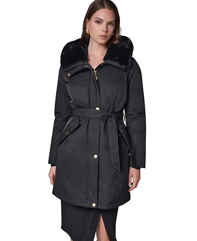 Donna Karan New York Women's Belted Hooded Mid-Length Puffer Coat