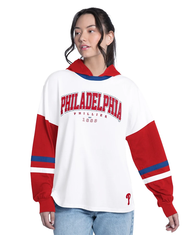 G-iii 4Her by Carl Banks Women's White/Red Philadelphia Phillies Key Player Oversized Hooded Long Sleeve T-Shirt