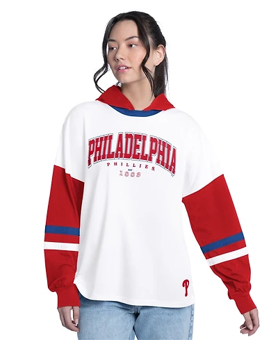 G-iii 4Her by Carl Banks Women's White/Red Philadelphia Phillies Key Player Oversized Hooded Long Sleeve T-Shirt
