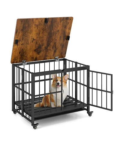 Hongge Foldable Dog Crate Furniture with Removable Tray Lockable Door and Rolling Wheels