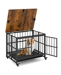 Hongge Foldable Dog Crate Furniture with Removable Tray Lockable Door and Rolling Wheels