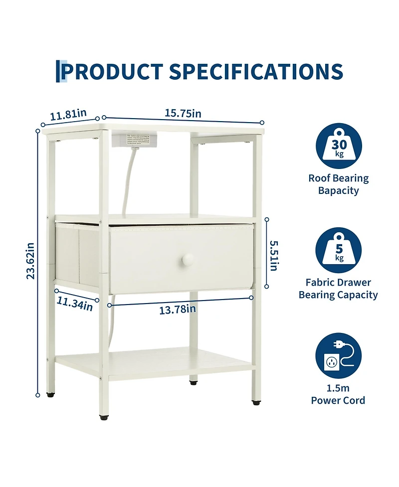 homfan Bedside Table with Charging Station – 3-Tier Storage Nightstand, Fabric Drawer and Metal Frame Compact Narrow End Table for Bedroom Living Room