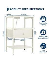 homfan Bedside Table with Charging Station – 3-Tier Storage Nightstand, Fabric Drawer and Metal Frame Compact Narrow End Table for Bedroom Living Room