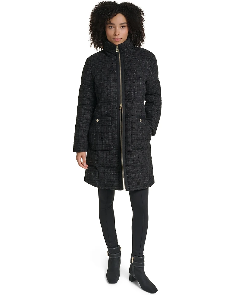 Karl Lagerfeld Paris Women's Tweed Sparkle Long Puffer Coat