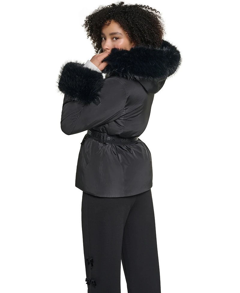 Karl Lagerfeld Paris Women's Faux-Fur Trim Cuff and Hood Belted Puffer Jacket