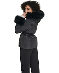 Karl Lagerfeld Paris Women's Faux-Fur Trim Cuff and Hood Belted Puffer Jacket