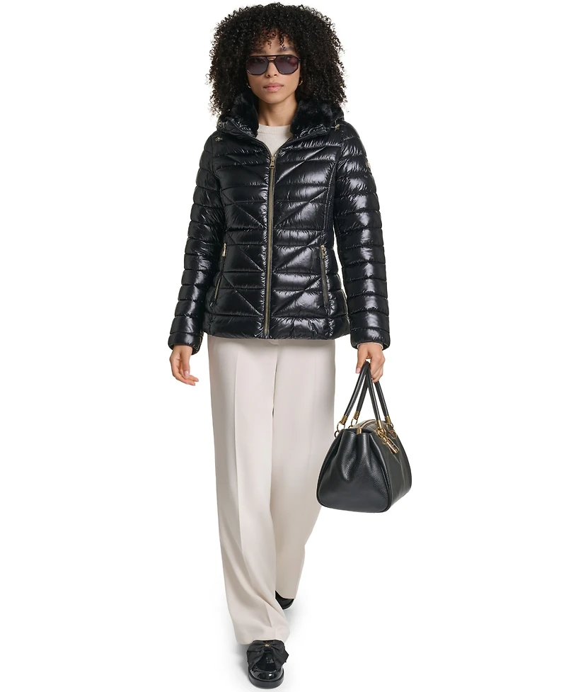 Karl Lagerfeld Paris Women's Short Hooded Faux Fur Collar Puffer Jacket