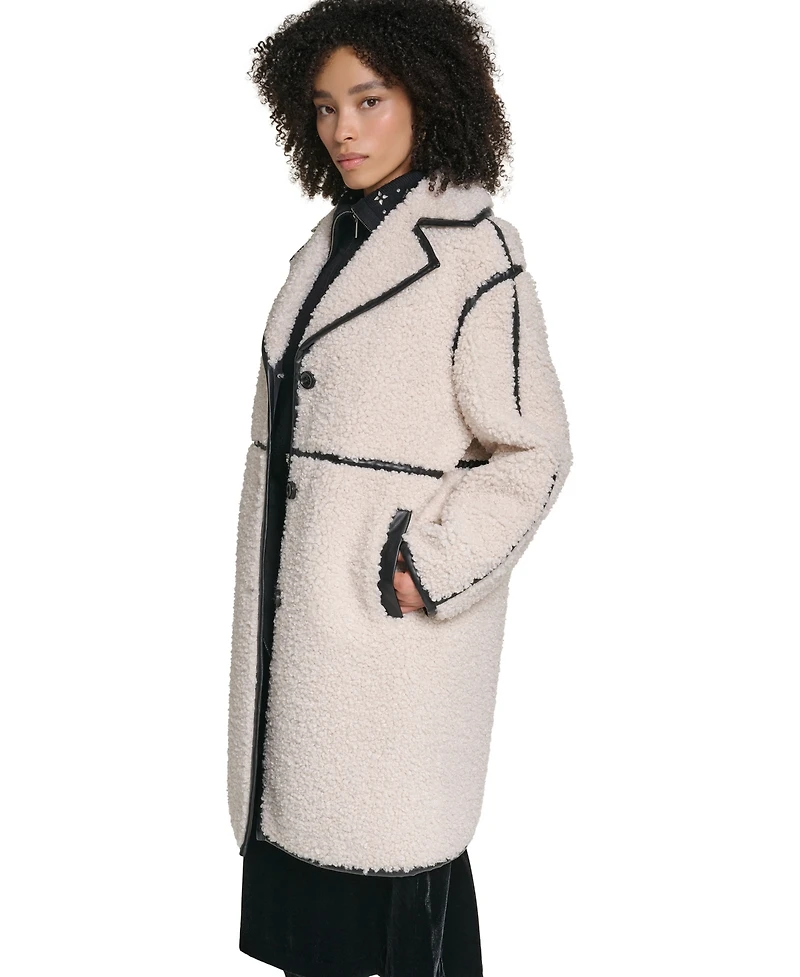 Karl Lagerfeld Paris Women's Faux-Leather-Trim Teddy Coat