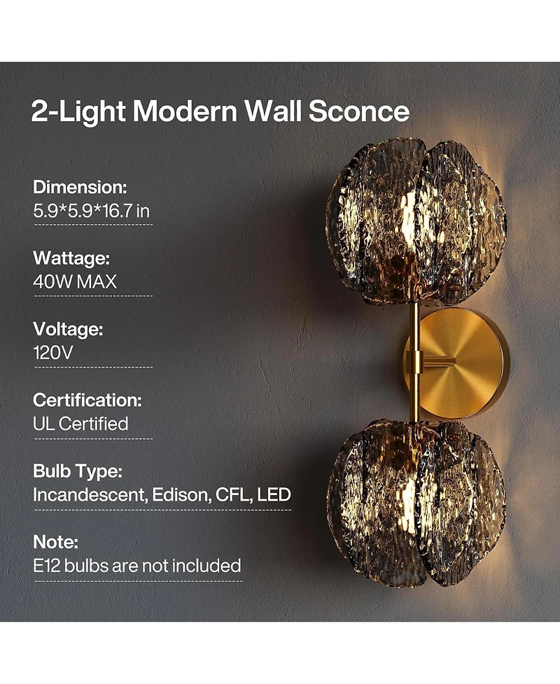 Tribesigns 2-Light Crystal Wall Sconce,Brass Finish Wall Light with Textured Smoke Glass Shade,Luxury Vanity Light