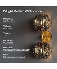 Tribesigns 2-Light Crystal Wall Sconce,Brass Finish Wall Light with Textured Smoke Glass Shade,Luxury Vanity Light
