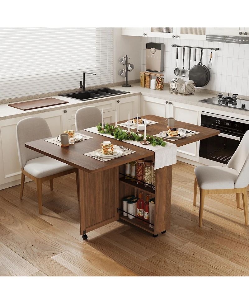 homfan Folding Dining Table with Storage, Folding Kitchen Table with 6 Wheels, Drawer and Shelves, Compact Dining Table for Small Spaces