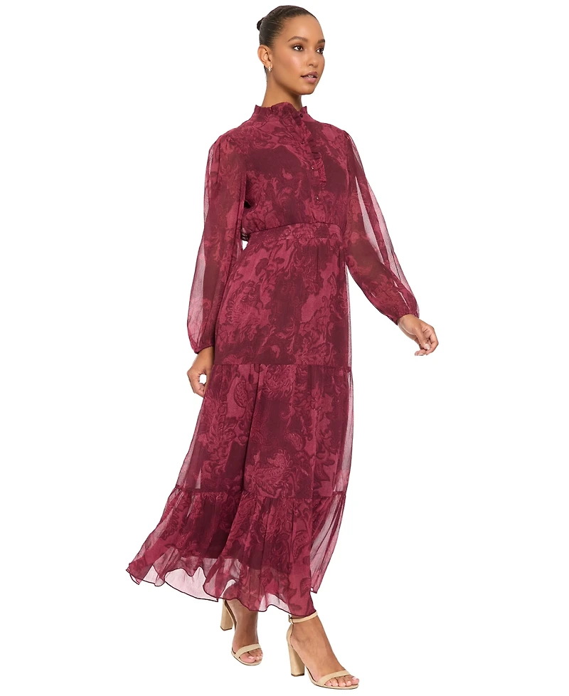 London Times Women's Floral-Print Sheer Long-Sleeve Tiered Long Dress