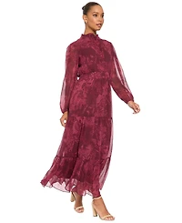 London Times Women's Floral-Print Sheer Long-Sleeve Tiered Long Dress