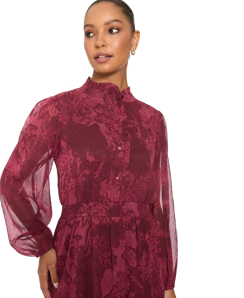 London Times Women's Floral-Print Sheer Long-Sleeve Tiered Long Dress