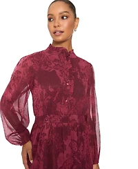 London Times Women's Floral-Print Sheer Long-Sleeve Tiered Long Dress