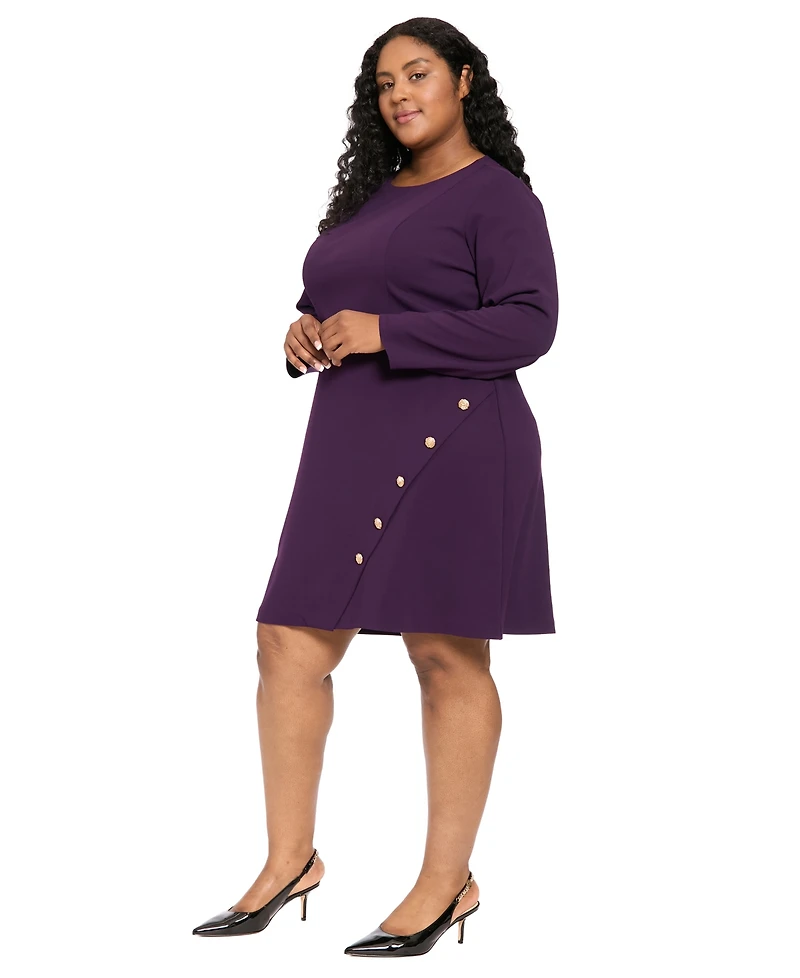 London Times Plus Crewneck Long-Sleeve Button-Trim Sheath Dress