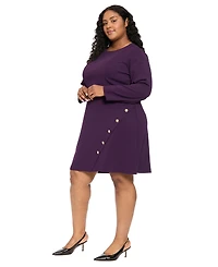 London Times Plus Crewneck Long-Sleeve Button-Trim Sheath Dress