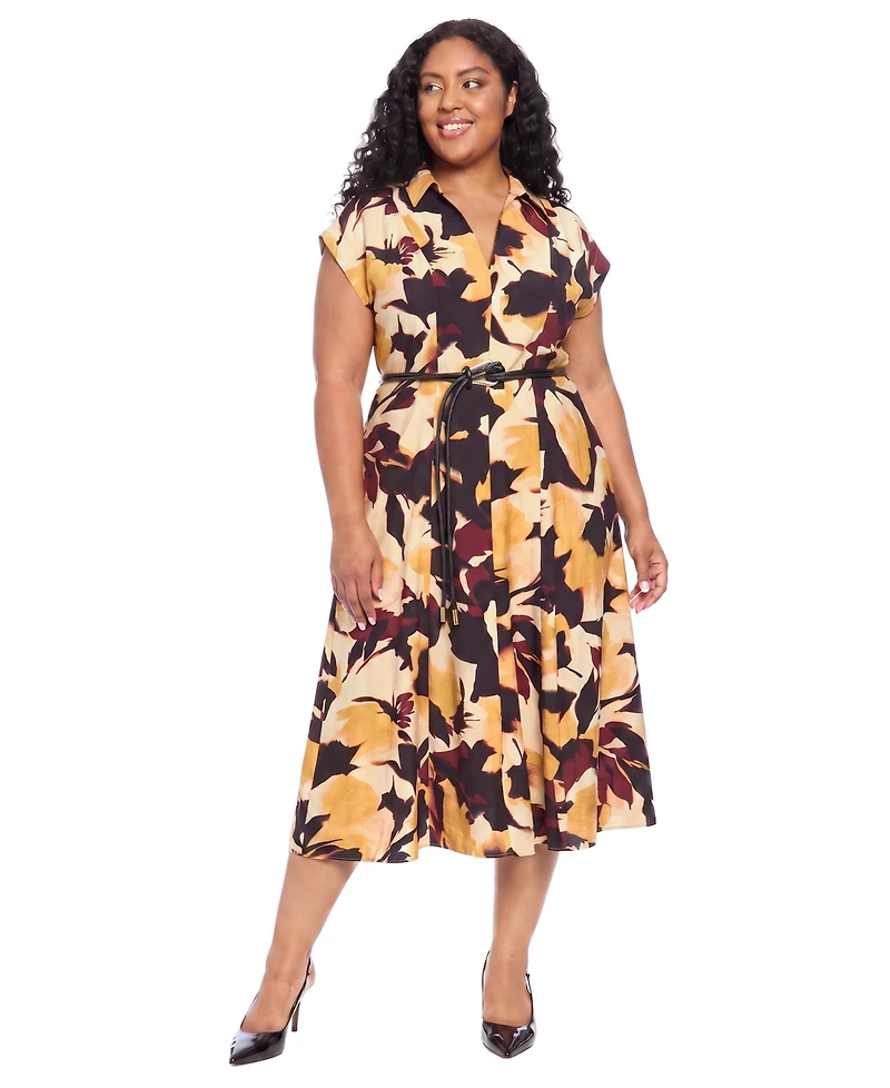 London Times Plus Belted Collared Midi Floral Shirt Dress