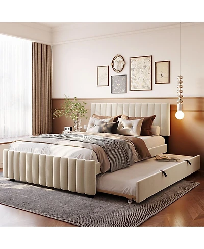 Streamdale Furniture Queen Size Velvet Upholstered Platform Bed with Twin Xl Size Trundle