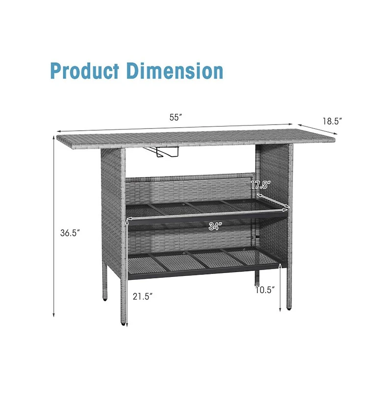 Boyel Living Outdoor Patio Wicker Bar Table with Metal Shelves